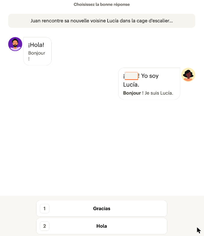 Exercice de dialogue à trous de la leçon 1 de Babbel : Juan rencontre sa nouvelle voisine Lucía, et chaque réplique est traduite en français sous le texte.