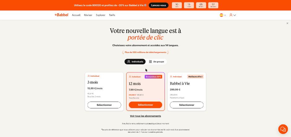 Page des tarifs de Babbel affichée après la leçon 1 : formules de 3 mois, de 12 mois et Babbel à Vie, en euros.