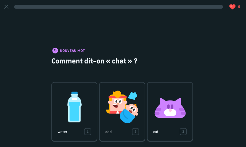 Duolingo English lesson 1, first exercise: the French prompt « Comment dit-on « chat » ? » with three picture choices, water, dad and cat.