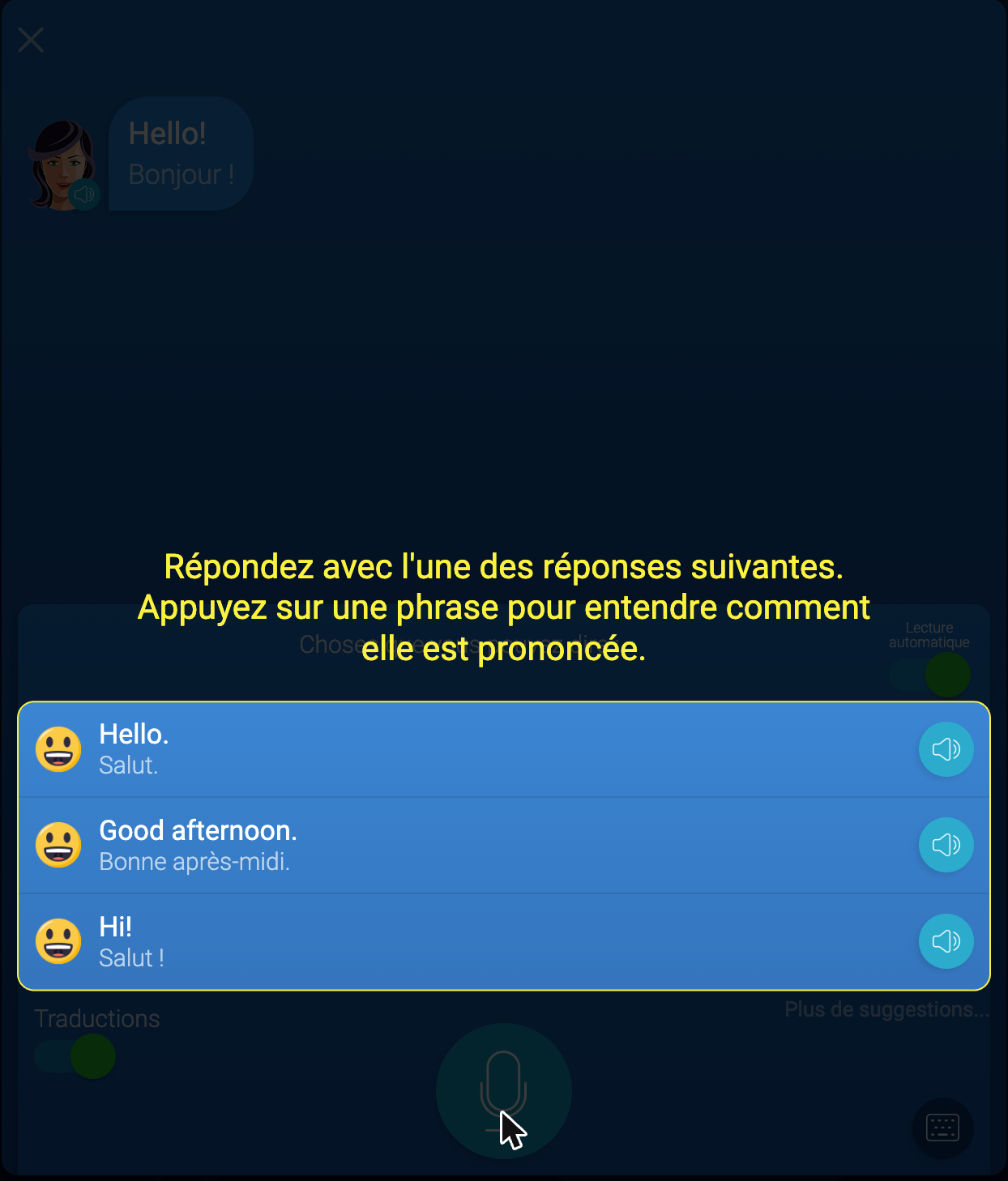 Chatbot de Mondly, thème Bonjour : le bot dit « Hello! / Bonjour ! » et un panneau mis en avant propose trois réponses, « Hello. / Salut. », « Good afternoon. / Bonne après-midi. » et « Hi! / Salut ! », chacune avec un bouton audio, au-dessus d'un bouton micro.