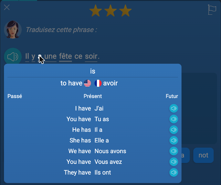Leçon du jour de Mondly : la phrase « Il y a une fête ce soir. » avec une fenêtre sur le mot « a » qui affiche « is », « to have / avoir » et la conjugaison au présent, de I have / J'ai à They have / Ils ont, avec un bouton audio sur chaque ligne.